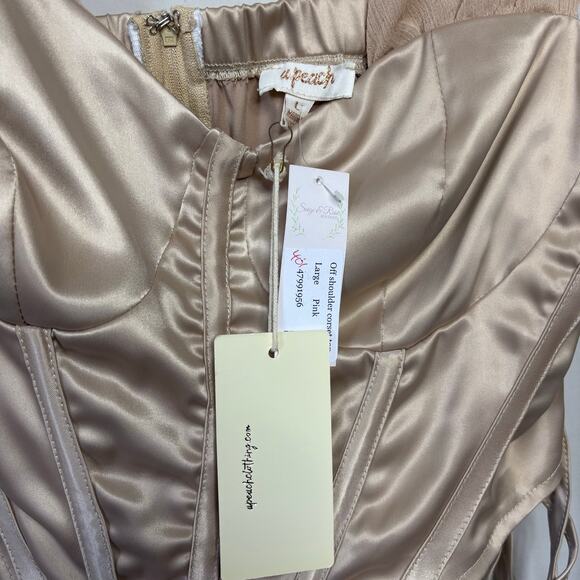 NWT A Peach Off Shoulder Gold Milkmaid Corset Crop Top Women's Size Large - Picture 2 of 8